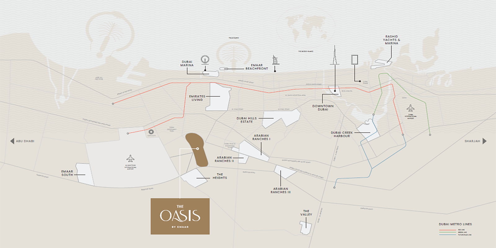 Map showing location of The Oasis by Emaar Dubai in Dubailand