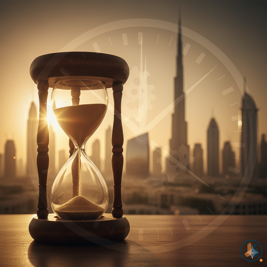 Dubai skyline golden hour with hourglass symbolizing urgent Golden Visa Investment