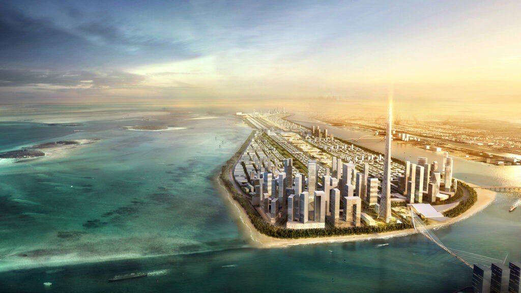 Aerial 3D render of Hudayriat Island, Abu Dhabi at sunset, showcasing modern buildings under development, sandy beaches, and the turquoise waters of the Arabian Gulf. The city skyline is visible on the horizon.
