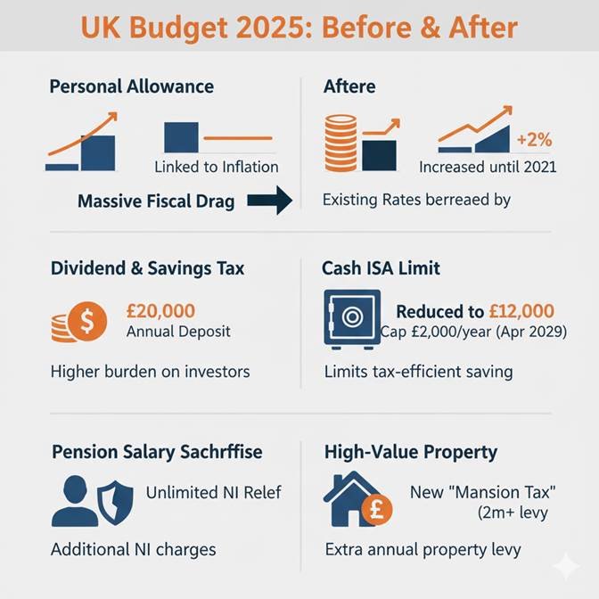 "An infographic titled 'UK Budget 2025: Before & After,' comparing key tax features and their changes. It shows 'Personal Allowance' shifting from inflation-linked to frozen, 'Dividend & Savings Tax' increasing, 'Cash ISA Limit' reduced to £12,000, 'Pension Salary Sacrifice' gaining additional NI charges, and 'High-Value Property' introducing a new 'Mansion Tax.' This visual guide clarifies the specific impacts of the budget, helping users understand changes beyond a 'UK Budget 2025 tax calculator'."