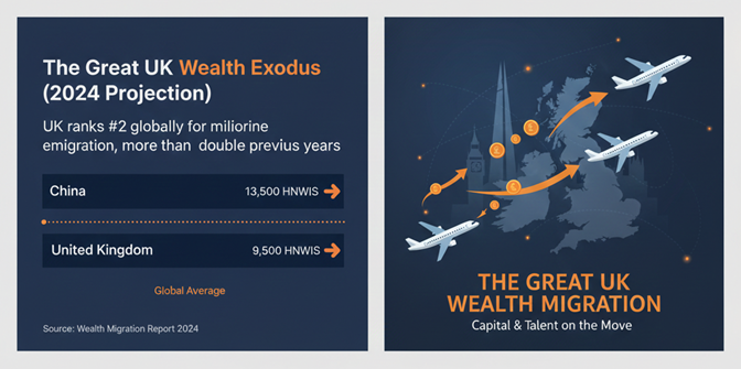 "A dual-panel image illustrating the 'Great UK Wealth Exodus.' The left panel is a bar chart showing the 2024 projection of HNWIs emigrating, with China at 13,500 and the United Kingdom at 9,500, highlighting the UK as the second-highest globally. The right panel is an allegorical map of the UK with planes flying away, carrying symbols of money, representing 'Capital & Talent on the Move.' This visual reinforces the impact of tax changes and wealth migration, a critical factor for those using a 'UK Budget 2025 tax calculator' to plan their financial future."