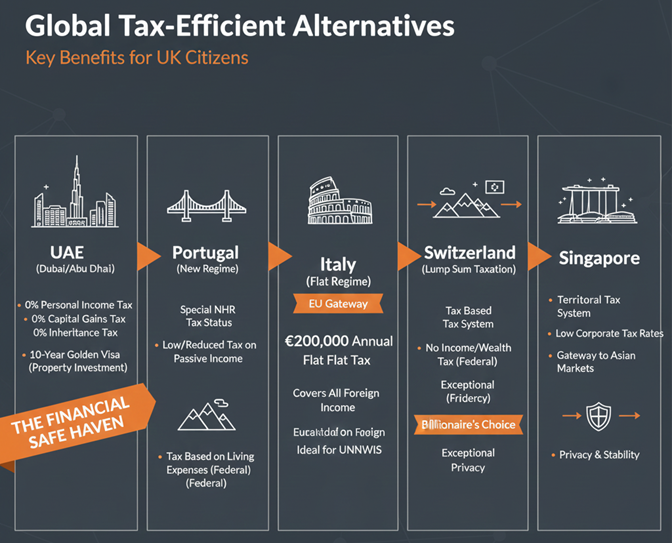 "An infographic titled 'Global Tax-Efficient Alternatives: Key Benefits for UK Citizens,' showcasing five countries. Each section features a landmark image and key tax benefits: UAE (Dubai skyline) with 0% tax, Portugal (bridge) with NHR status, Italy (Colosseum) with a €200,000 flat tax, Switzerland (Alps) with lump sum taxation, and Singapore (Marina Bay Sands) with a territorial tax system. This visual guide offers alternatives for those impacted by the UK Budget 2025, providing options beyond simply using a 'UK Budget 2025 tax calculator'."