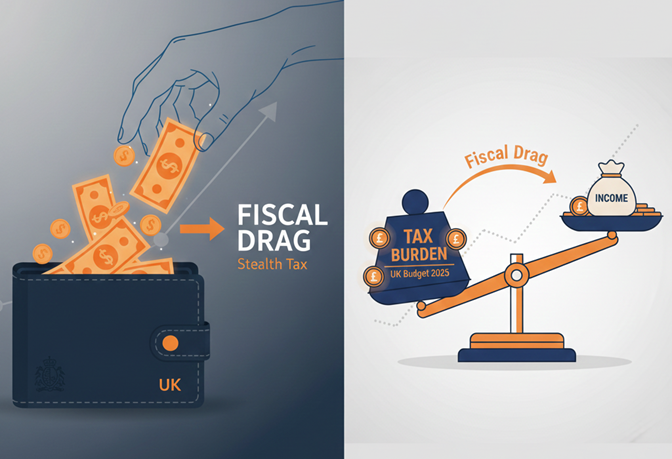 A combined image illustrating the impact of 'Fiscal Drag' from the UK Budget 2025. The left side depicts an invisible hand pulling money from a wallet bearing the UK emblem, symbolizing stealth tax. The right side shows a financial scale where the tax burden due to Fiscal Drag outweighs income. This visual explains how the UK's 2025 budget changes can lead to increased taxation, relevant for users searching for a 'UK Budget 2025 tax calculator'."