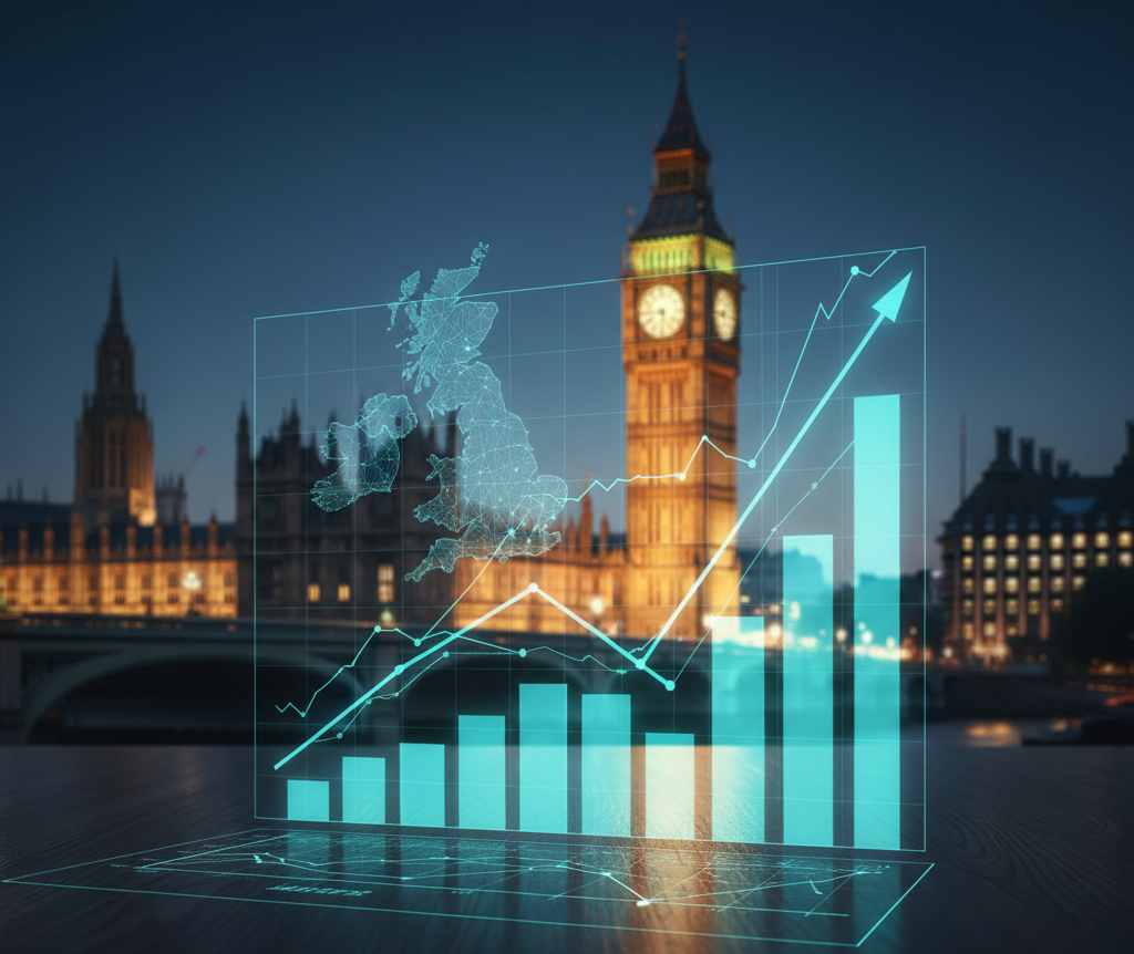 "Transparent financial and economic growth chart with a wireframe map of the UK and Big Ben in the background, representing the UK Budget 2025."