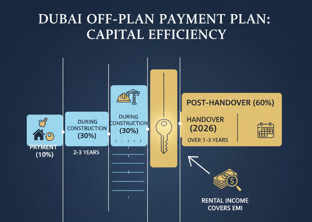 “Infographic showing a Dubai off-plan property payment plan with stages including a 10% initial payment, 20–30% during construction over 2–3 years, and 60% post-handover in 2026, illustrated with icons for construction, keys, calendar, and rental income on a dark blue background.”