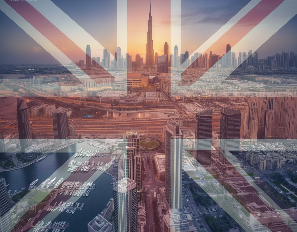 Dubai skyline with Burj Khalifa overlaid by the UK flag, representing investment interest in Dubai Communities UK Buyers 2026