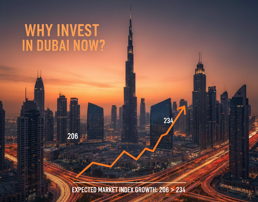A sunset view of Dubai's skyline with the Burj Khalifa centered, overlaid with an orange rising line graph showing market index growth from 206 to 234, along with the text “Why invest in Dubai now?”