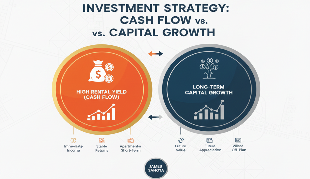 Investment strategy comparison showing cash flow versus capital growth, highlighting rental yield and long-term appreciation for Dubai Communities UK Buyers 2026