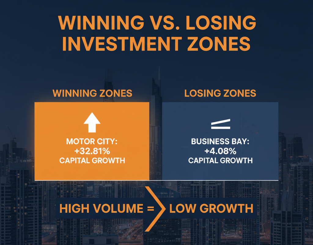An infographic about Dubai Property Investment 2025 showing winning vs. losing investment zones, highlighting Motor City with +32.81% capital growth as a winning zone and Business Bay with +4.08% capital growth as a losing zone, with the message “High volume = low growth” over a Dubai skyline background.