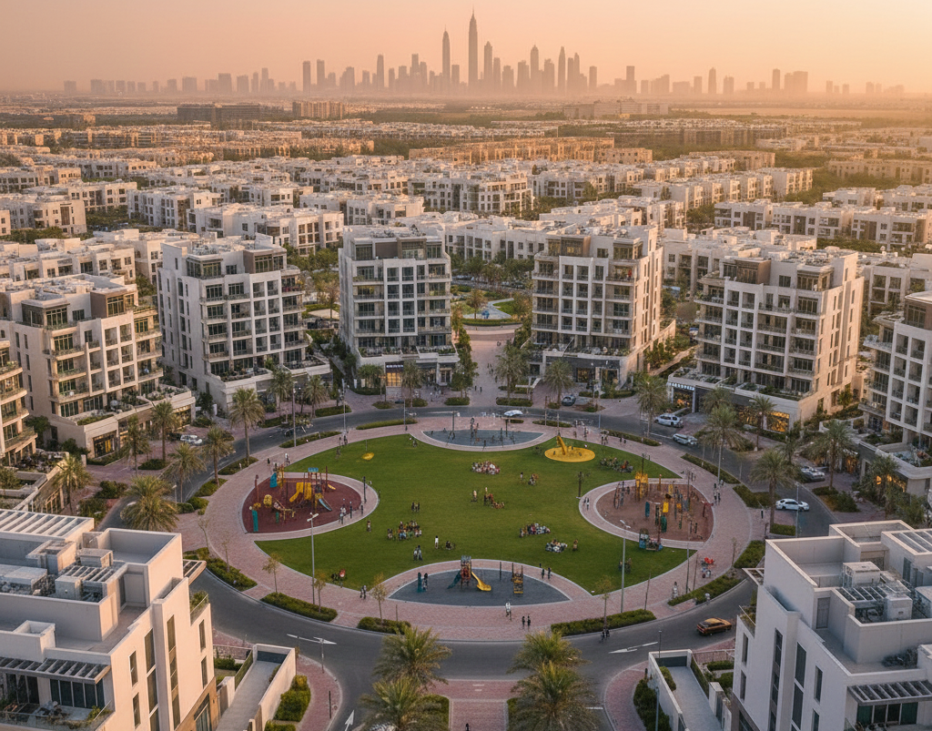 Master-planned residential community in Dubai with modern apartments, green spaces, and family amenities, ideal for Dubai Communities UK Buyers 2026