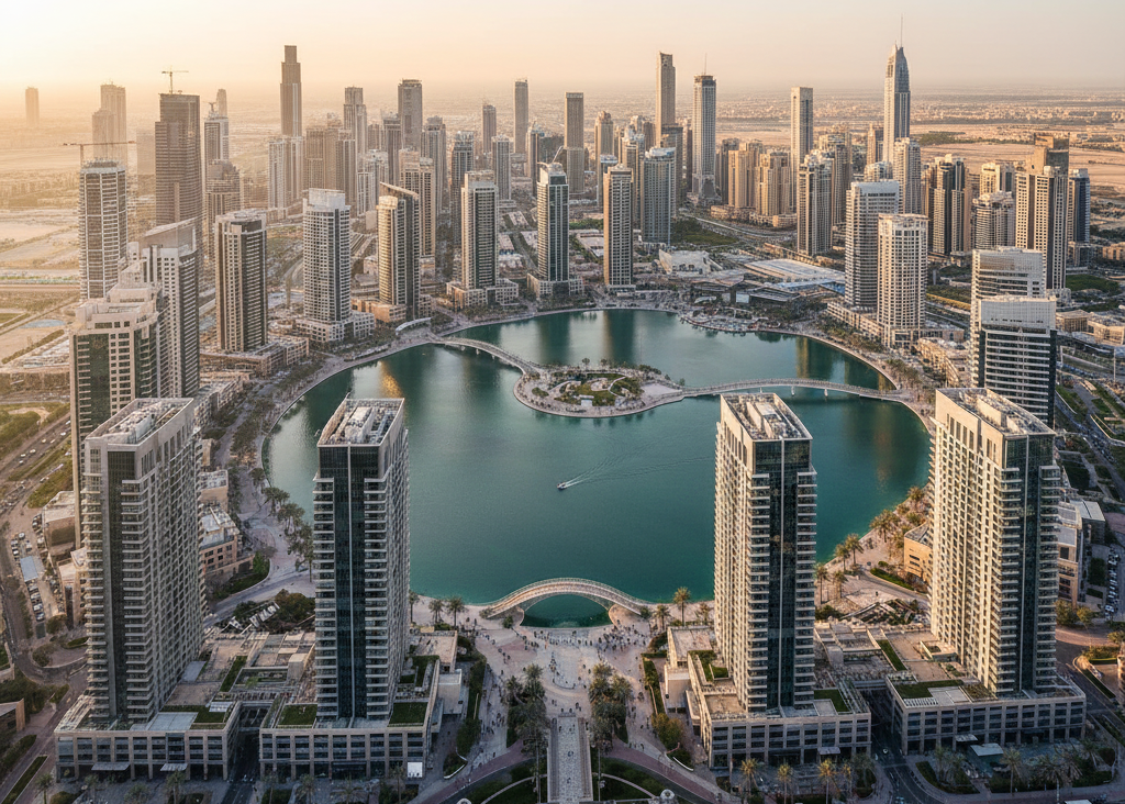 Aerial view of Jumeirah Lake Towers (JLT) with high-rise residential buildings surrounding artificial lakes, attractive for Dubai Communities UK Buyers 2026