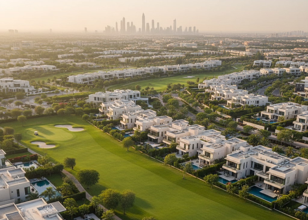 Aerial view of Dubai Hills Estate with luxury villas, golf course, and landscaped surroundings, popular among Dubai Communities UK Buyers 2026
