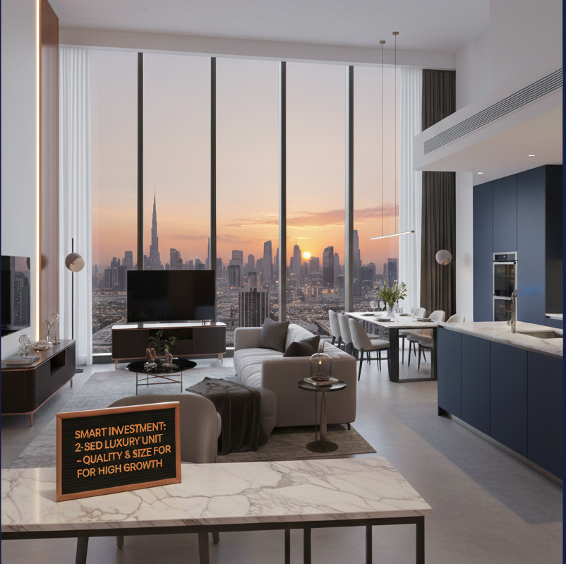 A modern luxury apartment interior with a full-height window overlooking the Dubai skyline at sunset, featuring contemporary furniture, a marble kitchen island, and a sign reading “Smart Investment: 2-bed luxury unit – quality & size for high growth,” illustrating the appeal of premium units for Dubai Property Investment 2025.