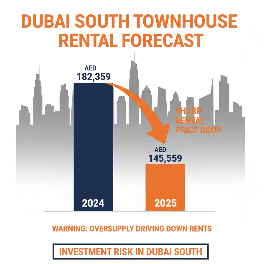 Dubai Property Investment 2025 Risk: Bar chart showing the forecast for Dubai South Townhouse Rental Prices to drop sharply from AED 182,359 in 2024 to AED 145,559 in 2025, with a warning about oversupply driving down rents.