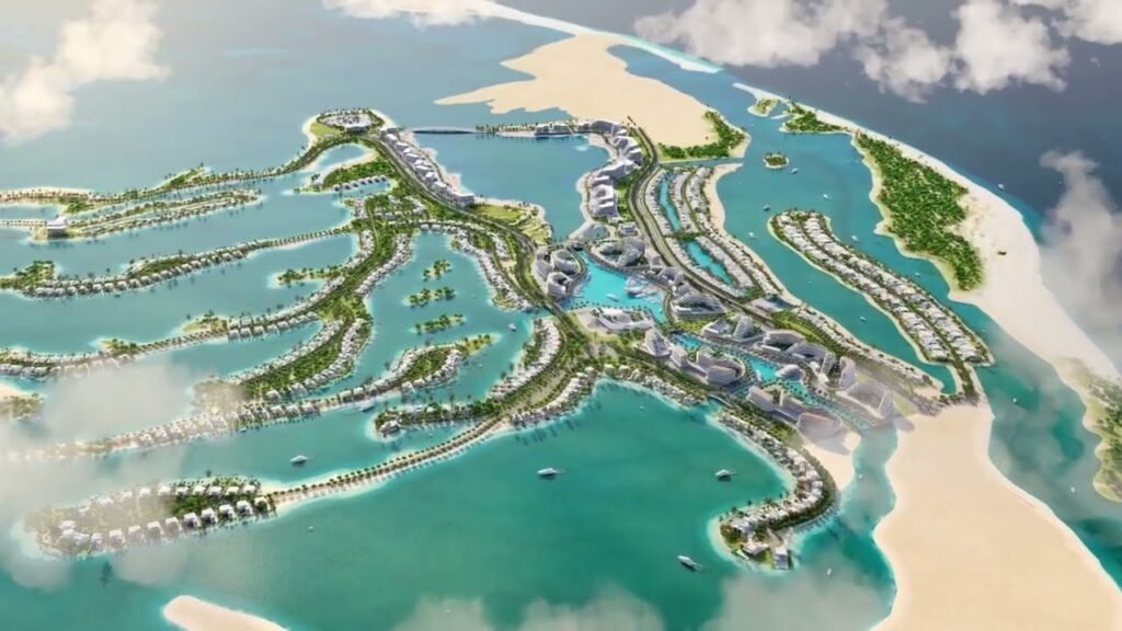 Sobha Siniya Island Investment – aerial view of a luxury island development featuring modern beachfront villas, turquoise lagoons, white sandy beaches, and integrated waterfront communities in the UAE