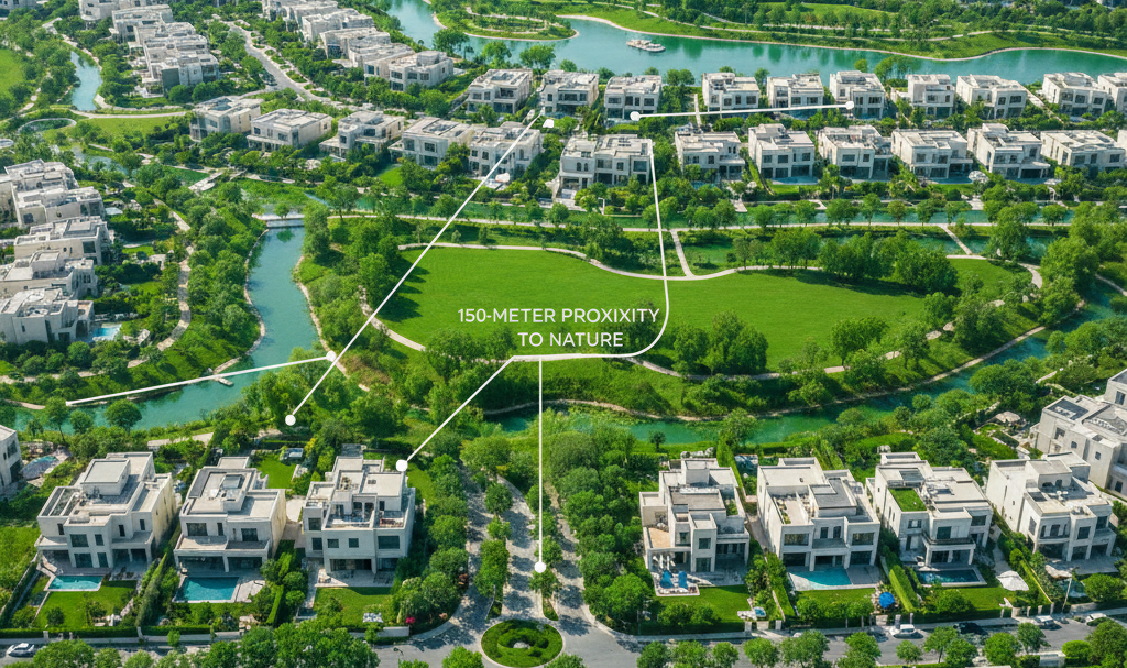 Dubai 2040 Urban Master Plan aerial view highlighting luxury residential communities with direct access to green parks, showing the 150-meter proximity to nature and sustainable urban living in Dubai.