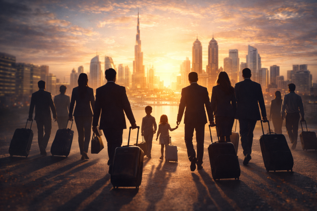 Investing in Dubai vs UK Property 2026 showing wealth migration as professionals and families move toward Dubai skyline