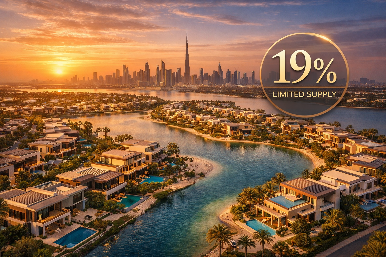 Dubai Villa Market 2026 aerial view of luxury villa communities with Dubai skyline highlighting limited villa supply
