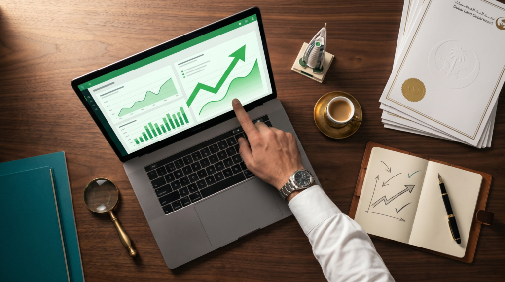 Is the Dubai Real Estate Market Crashing in 2026? What Brokers Aren't Telling You 1 Property analyst reviewing Dubai Land Department Q1 2026 data on a laptop, with rising green charts confirming a +31% year-on-year market increase.