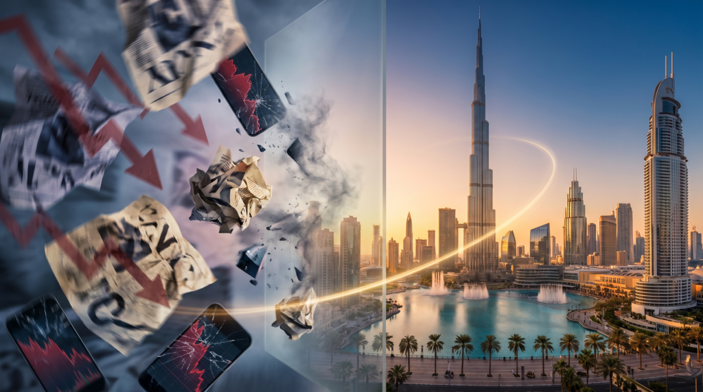 Crumpled panic headlines disintegrate as the Dubai skyline stands confidently in golden light, showing the 2026 market is not crashing.