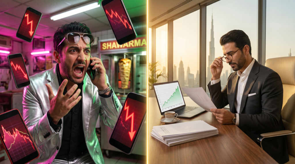 Is the Dubai Real Estate Market Crashing in 2026? What Brokers Aren't Telling You 2 Panicked agent reacting to crash headlines versus a calm Dubai property analyst reading the real DLD transaction data.