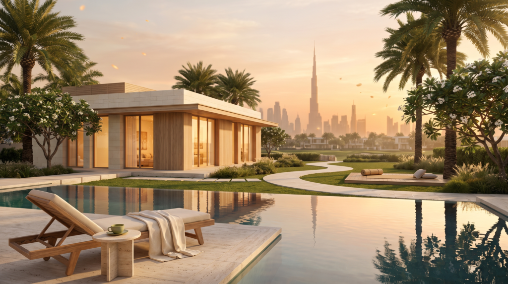 Luxury wellness real estate villa with pool in Dubai for UK investors