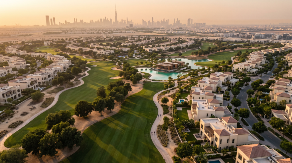 Aerial view of Dubai Hills Estate at golden hour, a leading wellness real estate community in Dubai with green parks, jogging tracks, and low-density villas — ideal for UK investors seeking healthy, master-planned living.
