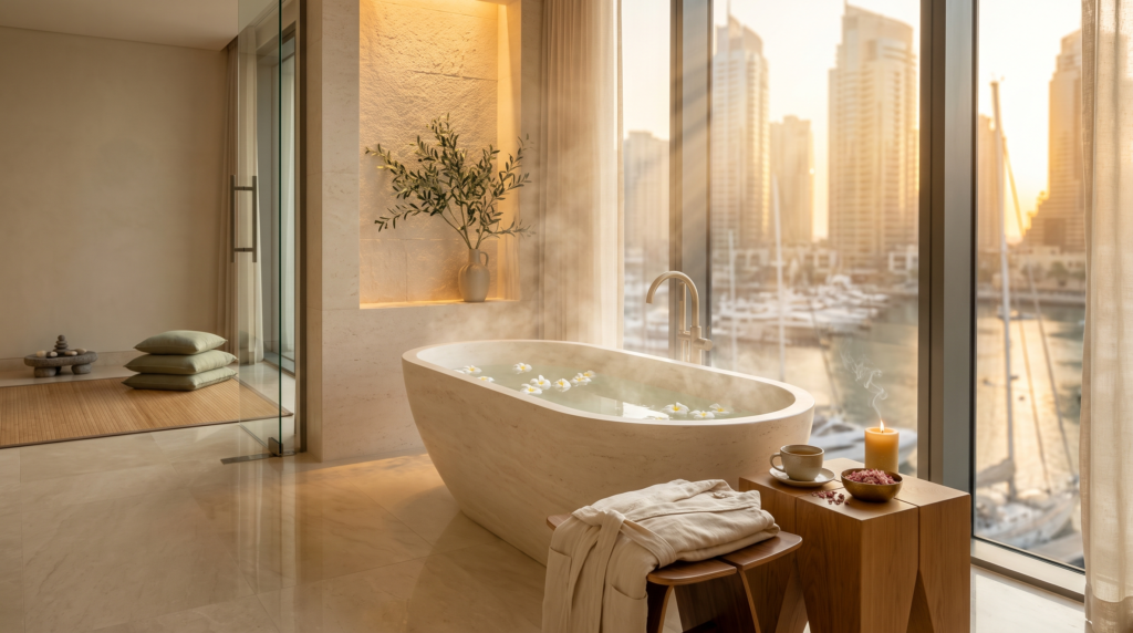 Luxury wellness spa suite inside a branded residence in Dubai, with a travertine soaking tub, meditation corner, and Dubai Marina sunset view — showcasing the appeal of branded wellness real estate for UK investors.