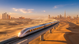 Etihad Rail high-speed train crossing the UAE desert at sunset, connecting the Abu Dhabi and Dubai skylines.