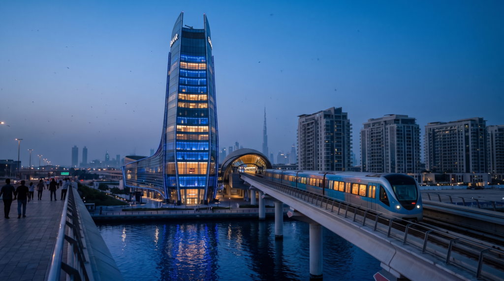 Flagship Dubai Metro Blue Line station at Dubai Creek Harbour illuminated at blue hour, showcasing a key infrastructure landmark driving property investment near the metro.

