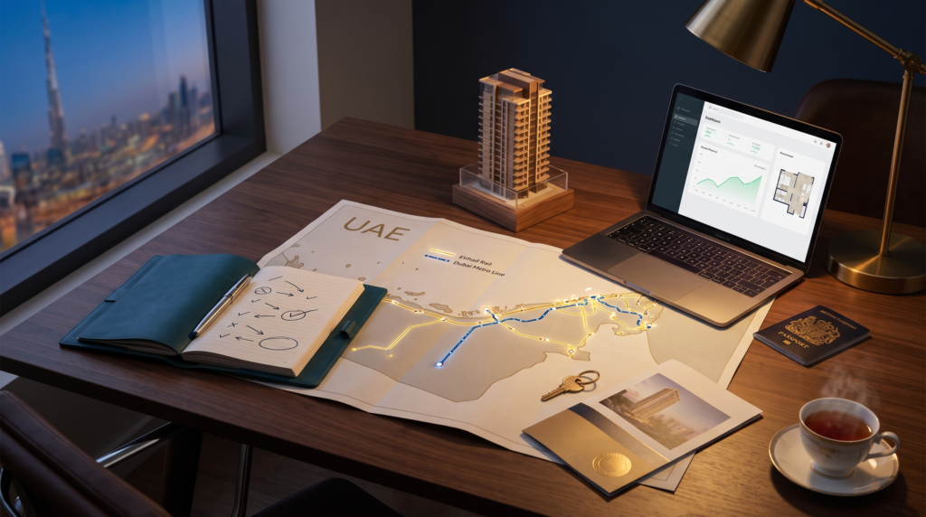 UK investor's desk with a UAE rail network map, laptop, British passport, and property model — planning a Dubai property investment near the new metro and Etihad Rail lines.