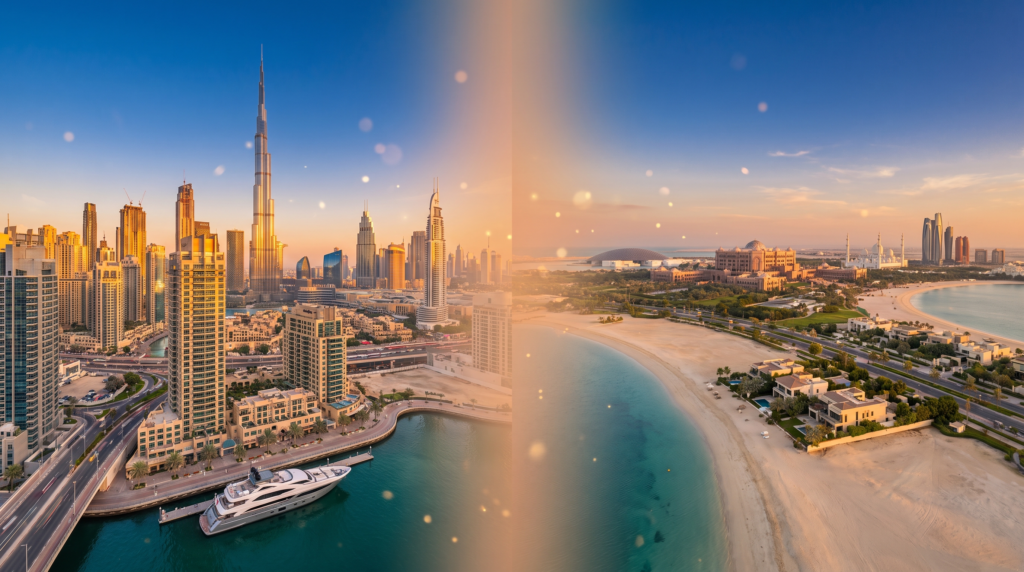 Split aerial view of Dubai Marina and Abu Dhabi's Saadiyat Island coast at golden hour, comparing the two emirates for UK property investors — Dubai for income, Abu Dhabi for value and stability.