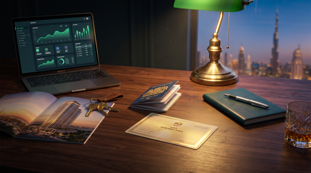 British passport and UAE Golden Visa on a desk with Dubai property keys and the Dubai skyline through the window.