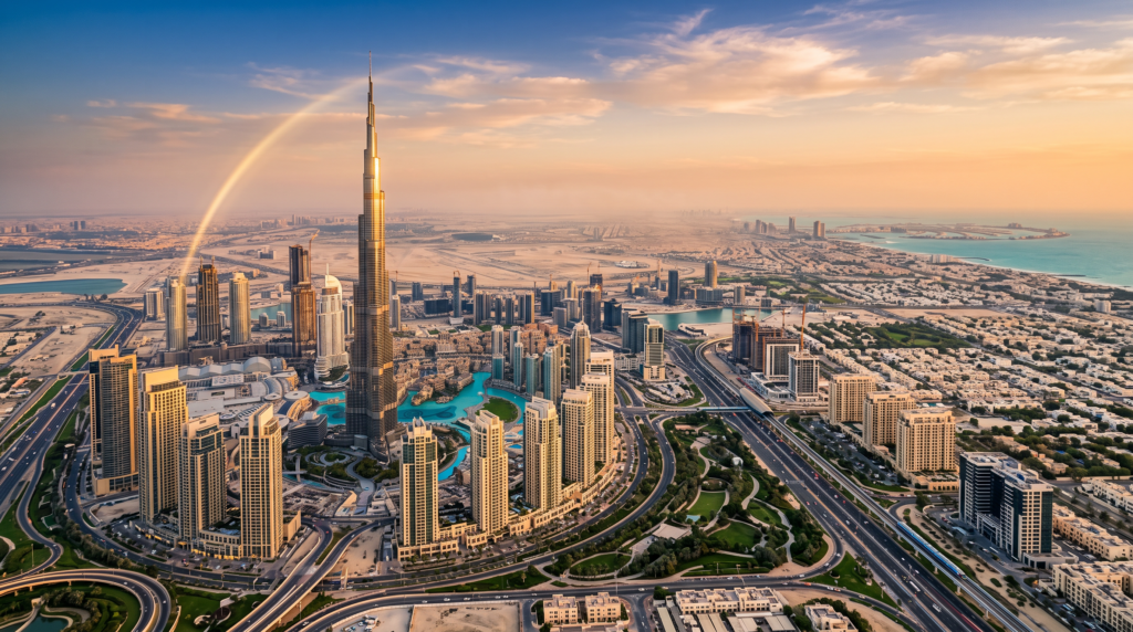 Why Dubai Is Growing So Fast, And What the 2040 Master Plan Means for Property Investors 1 Aerial view of Dubai's skyline at sunset with the Burj Khalifa, showing the city's rapid expansion and growth.