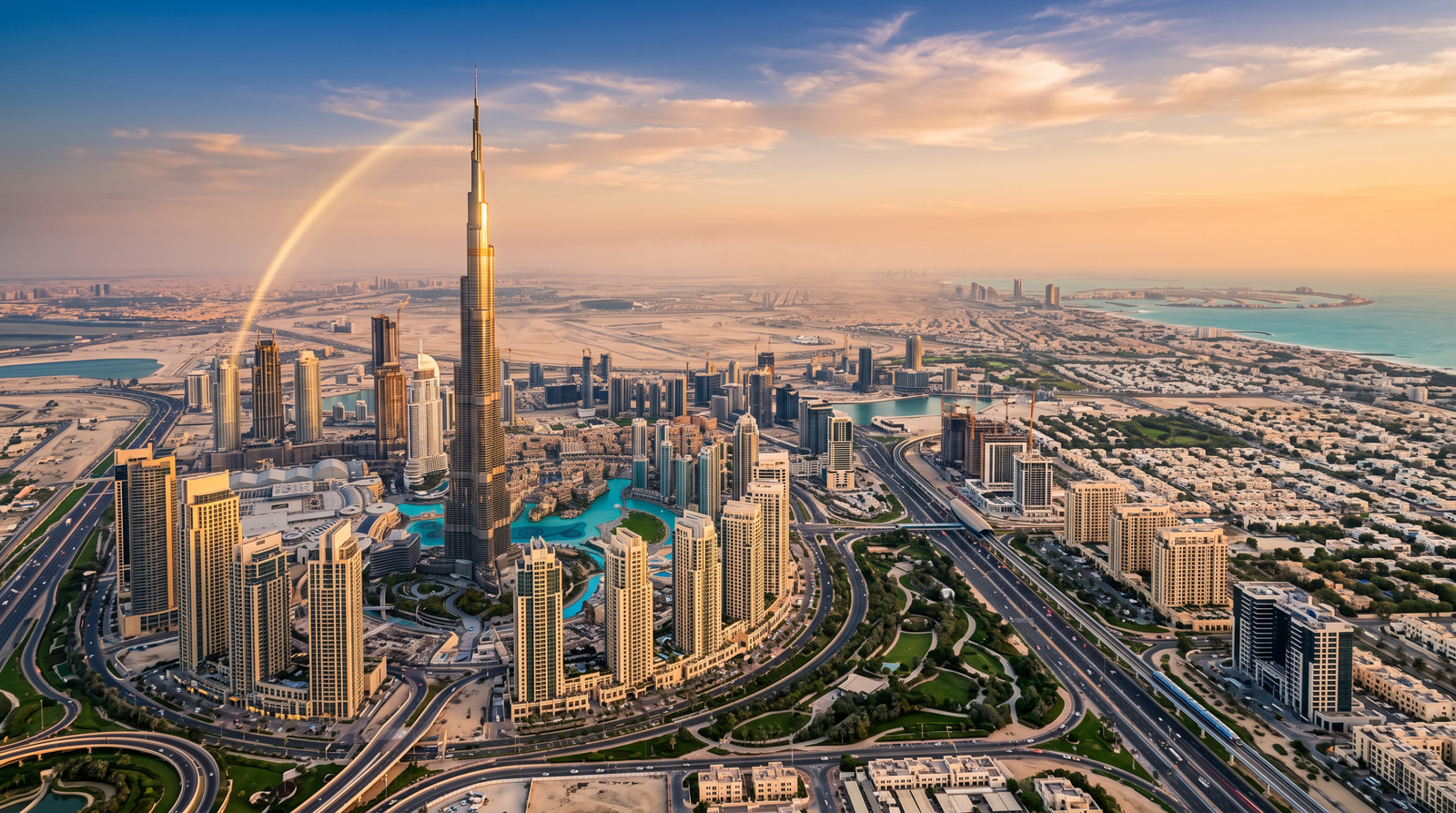 Aerial view of Dubai's skyline at sunset with the Burj Khalifa, showing the city's rapid expansion and growth.