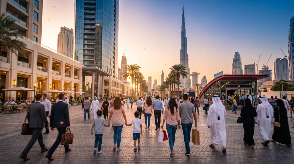 Diverse crowd walking through a busy Dubai plaza at sunset with the Burj Khalifa in the background.