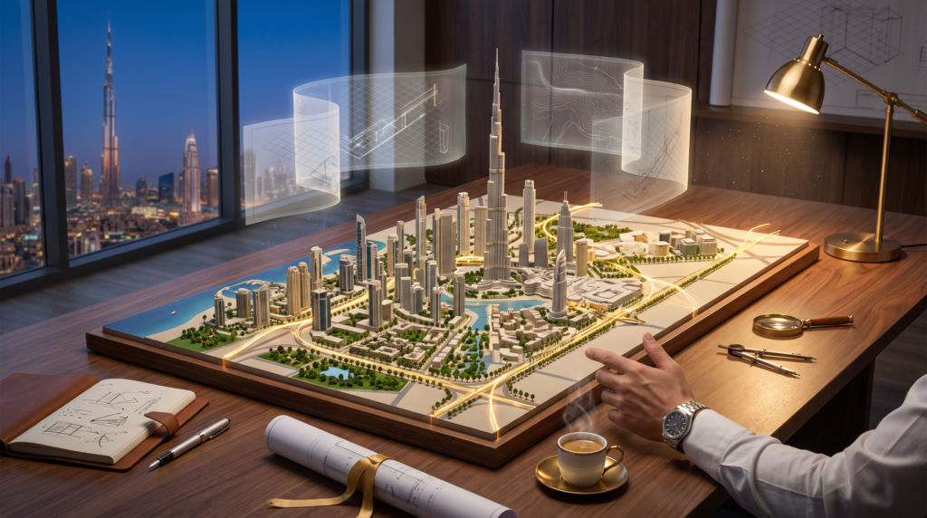 Scale model of Dubai's 2040 Master Plan showing five urban centres, illuminated Metro lines, and the Burj Khalifa miniature.