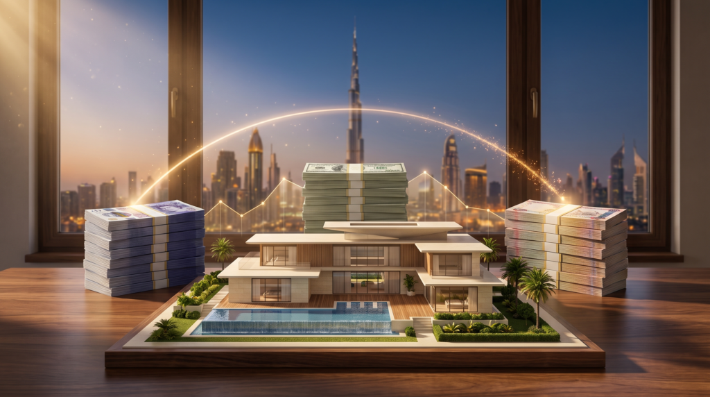 Dubai villa scale model with stacks of sterling, dollar, and dirham banknotes and the Dubai skyline behind — Dubai property currency risk