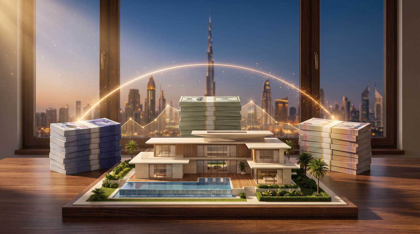 Dubai villa scale model with stacks of sterling, dollar, and dirham banknotes and the Dubai skyline behind — Dubai property currency risk