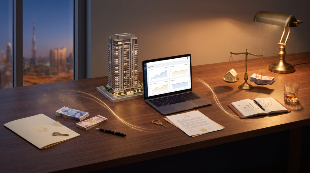 Your Dubai Property Is a Dollar Asset. Here's What That Costs You in Sterling 2 Walnut desk showing the three moments currency affects a Dubai property purchase — entry, holding, and exit