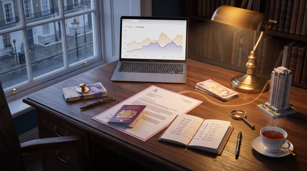 Your Dubai Property Is a Dollar Asset. Here's What That Costs You in Sterling 4 HMRC document, British passport, and Dubai tower model on a London desk — UK tax exposure on Dubai rental income