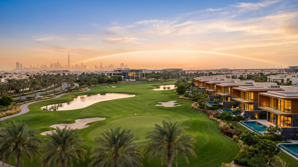 Aerial view of Jumeirah Golf Estates at golden hour with the championship golf course, contemporary villas, and Dubai skyline — a UK investor guide to JGE 2026
