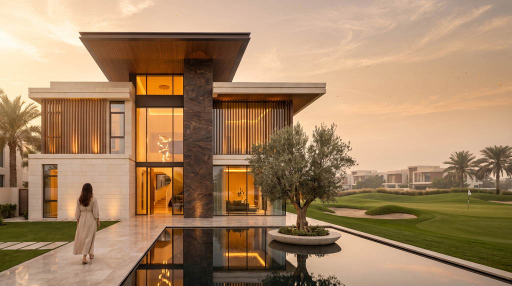 Jumeirah Golf Estates: The Complete 2026 Guide for UK Investors 1 Cedarwood Estates South luxury golf villa at golden hour with reflecting pool, floor-to-ceiling glass, and fairway views — Jumeirah Golf Estates The Next Chapter.