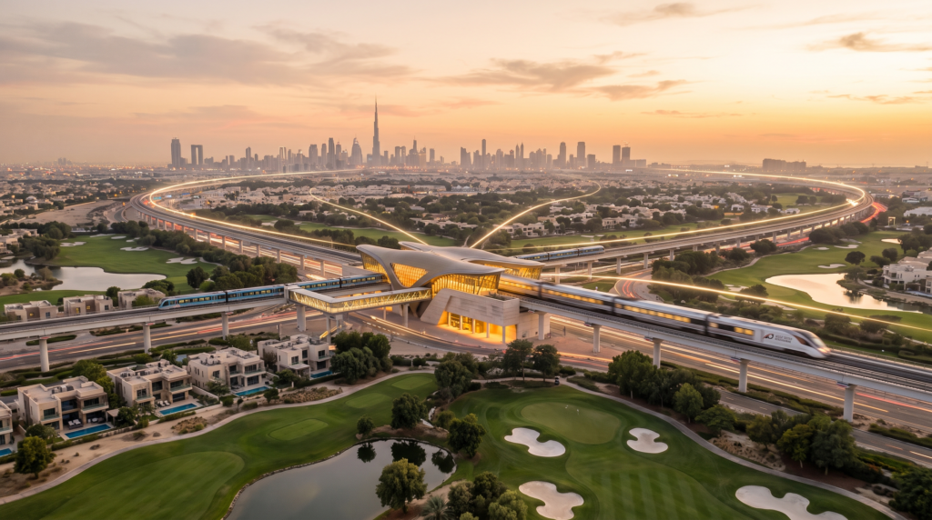 Jumeirah Golf Estates: The Complete 2026 Guide for UK Investors 2 Etihad Rail and Dubai Metro converging at Jumeirah Golf Estates at golden hour, with the Downtown Dubai skyline in the distance — three rail lines, one address.
