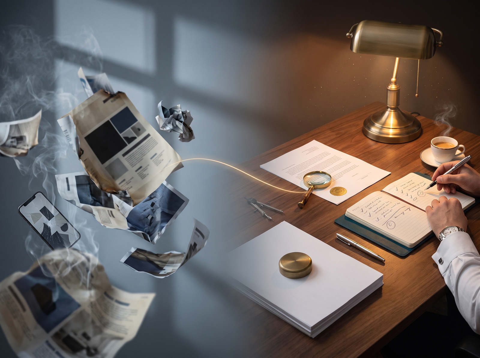 Crumpled fake property brochures disintegrating on the left, contrasted with a considered investor's desk on the right. how to spot a fake Dubai pre-launch.