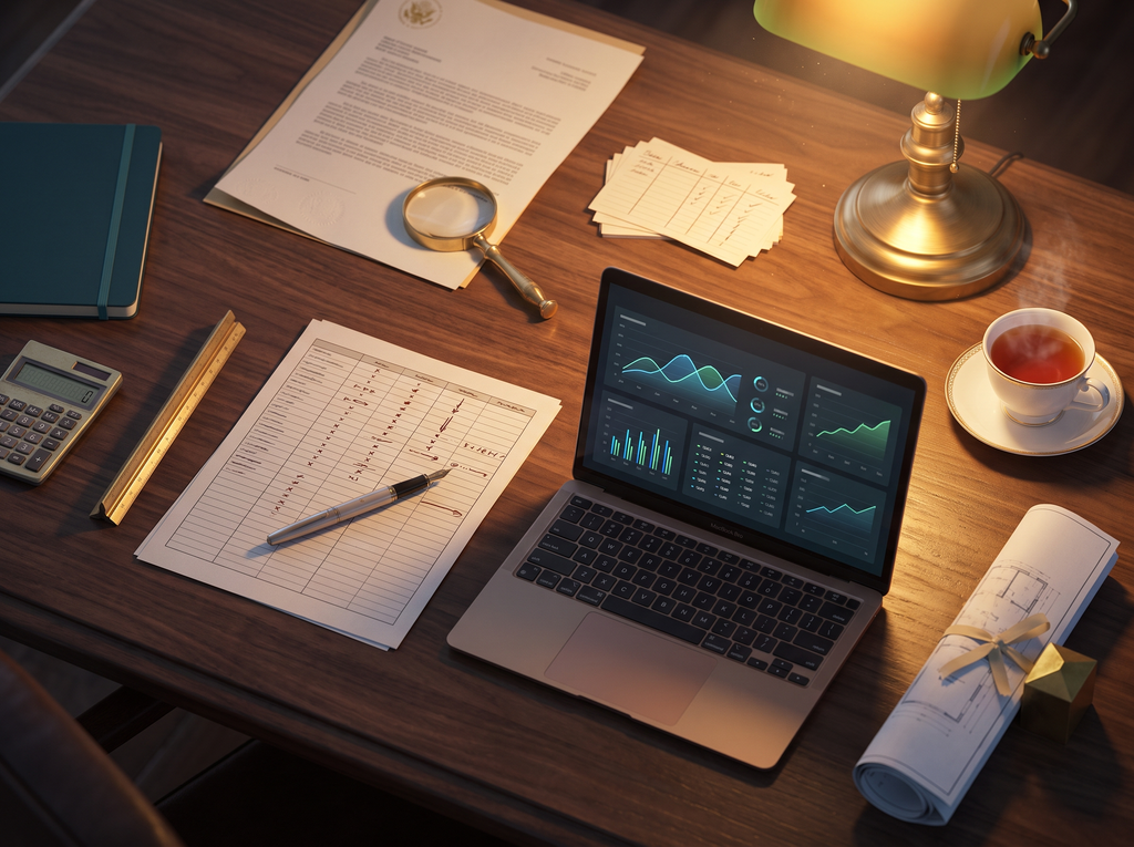How to Spot a Fake Dubai Pre-Launch (And Price One Yourself Before Anyone Gives You a Number) 1 Investor's desk with a laptop, printed spreadsheet, fountain pen, and magnifying glass price-checking a Dubai off-plan property against DLD transacted data.