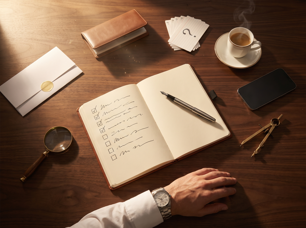 How to Spot a Fake Dubai Pre-Launch (And Price One Yourself Before Anyone Gives You a Number) 2 Flat-lay of an open notebook with a handwritten eight-question checklist, fountain pen, and magnifying glass — due diligence before a Dubai pre-launch.
