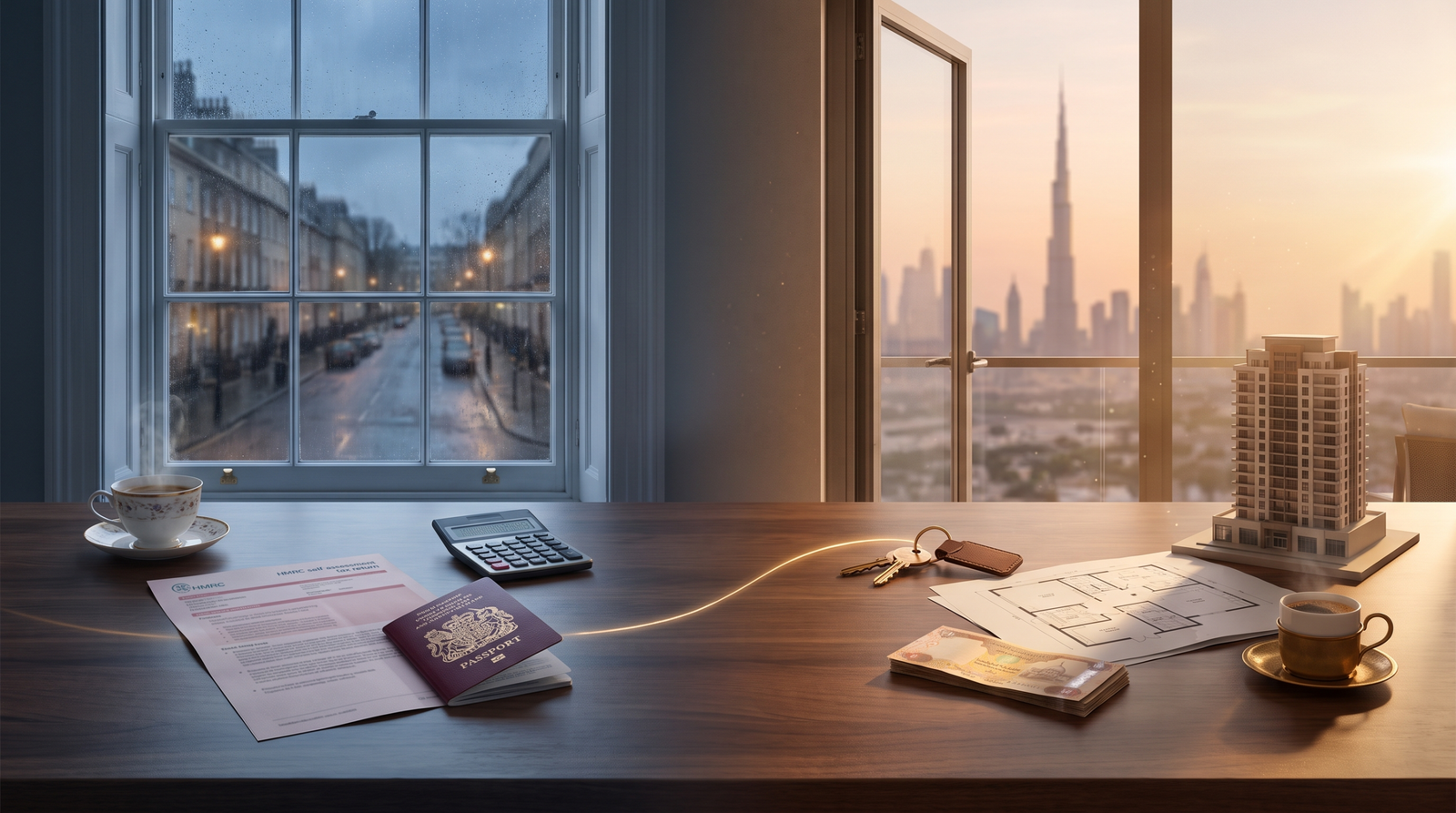 British passport and HMRC self-assessment on a walnut desk beside Dubai keys, dirham notes and the Dubai skyline — Dubai property ROI for UK investors.
