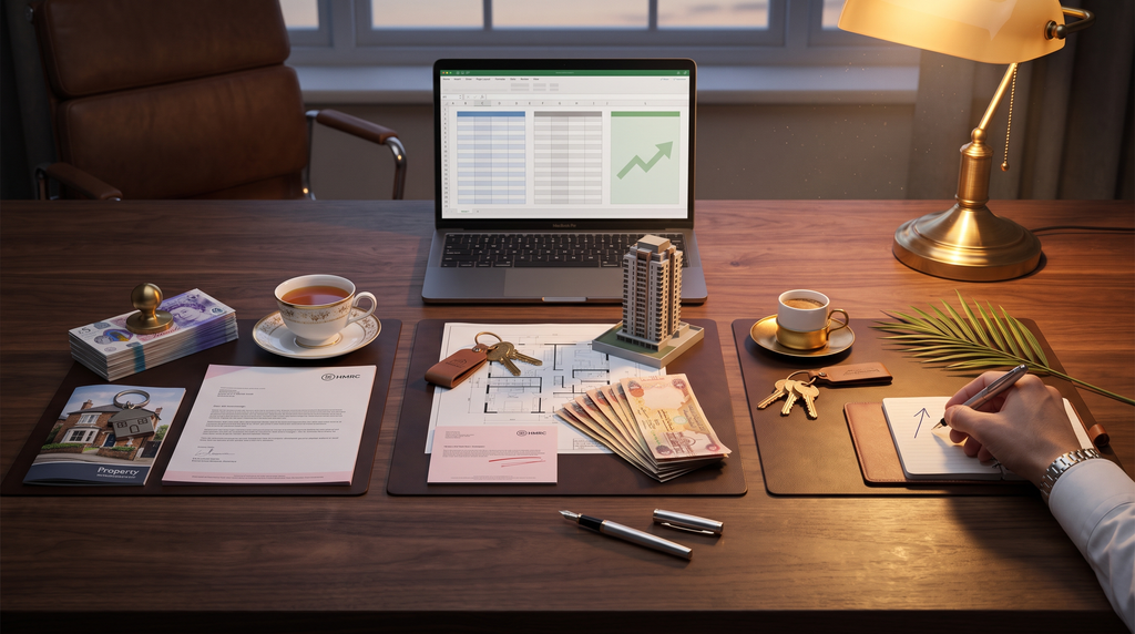 Walnut desk showing three parallel investment arrangements — UK buy-to-let, Dubai as UK resident, and Dubai as UAE resident — with the same £250,000 modelled three ways.