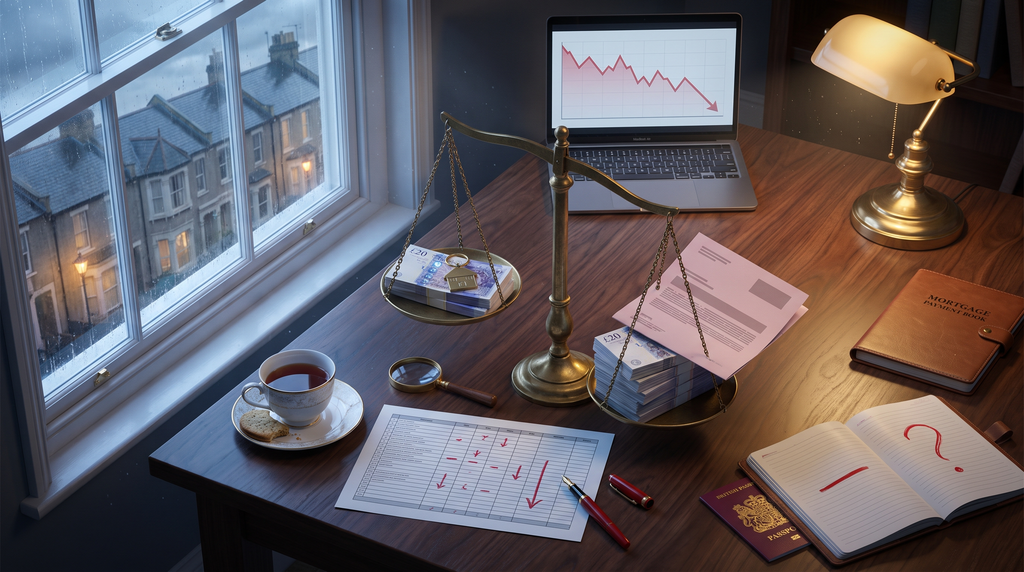 Brass balance scale tilted heavily toward a stack of sterling notes weighted by an HMRC document — illustrating Section 24 tax exceeding actual UK landlord rental profit.